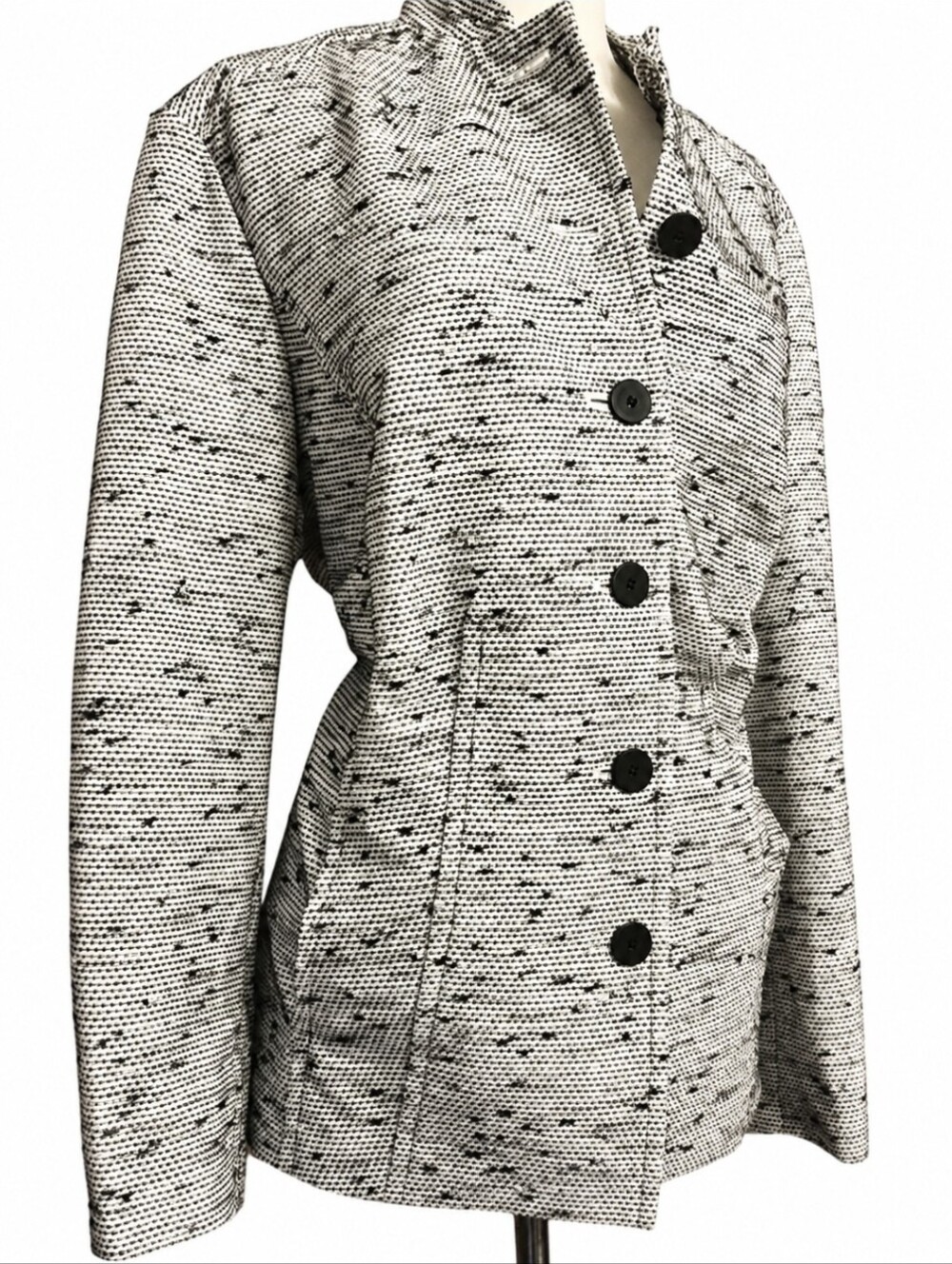 Nordstrom Encore Textured Funnel Neck Blazer Knit Jacket Black White Tweed sz 0X